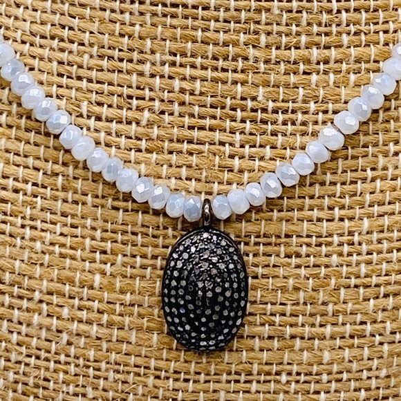 Pave Oval Light Blue Beaded Quartz Necklace 16" - Picture 5 of 6